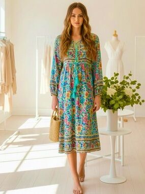R. Vivimos Boho Lace-Up Floral Tunic Dress in Aqua